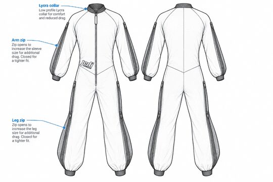 Front and rear technical drawing of the Jedi Airwear Convertor Air Suit showing adjustable arm and leg zip sections